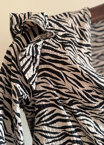 Zebra Desenli V Yakalı Umuz Detaylı Elbise - Görsel 4