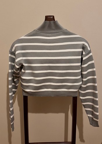 Gri Çizgili Polo Yaka Örgü Kadın Kazak - Görsel 5