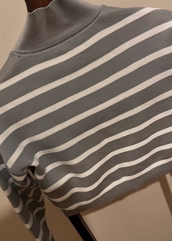 Gri Çizgili Polo Yaka Örgü Kadın Kazak - Görsel 6