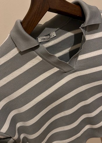 Gri Çizgili Polo Yaka Örgü Kadın Kazak - Görsel 3