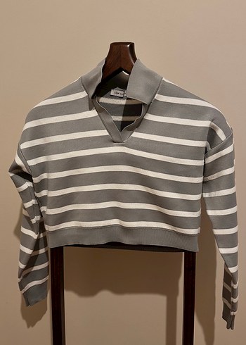 Gri Çizgili Polo Yaka Örgü Kadın Kazak - Görsel 2