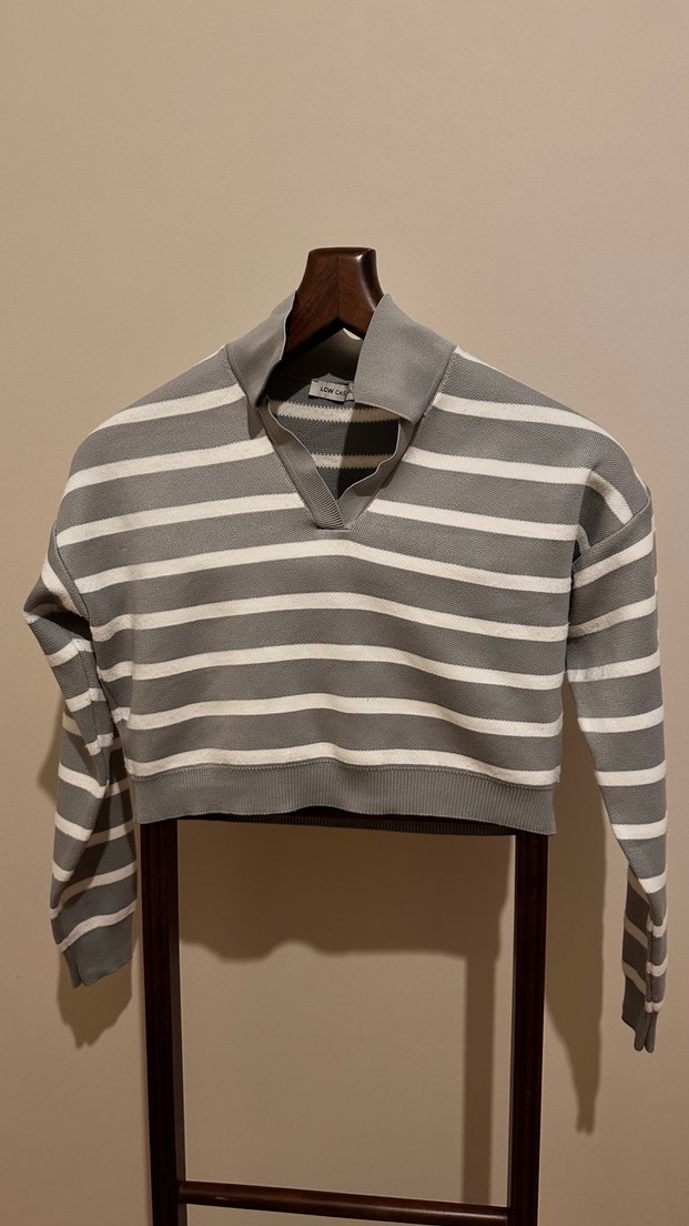 Gri Çizgili Polo Yaka Örgü Kadın Kazak - Görsel 2