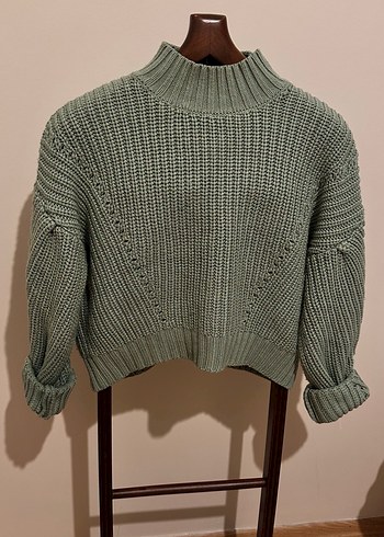 Yeşil Yüksek Yakalı Örgü Kadın Kazak - Görsel 3