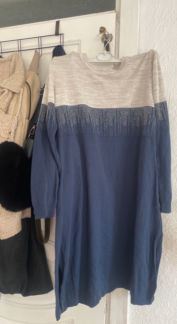 Mavi Gri Uzun Kollu Triko Elbise - Görsel 3