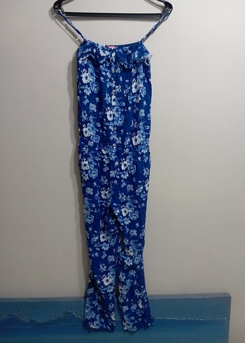 Mavi Çiçek Desenli Düğmeli Kadın Tulum - Görsel 4