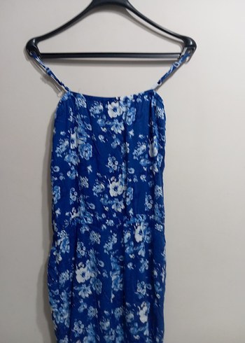 Mavi Çiçek Desenli Düğmeli Kadın Tulum - Görsel 2