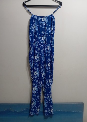 Mavi Çiçek Desenli Düğmeli Kadın Tulum - Görsel 5