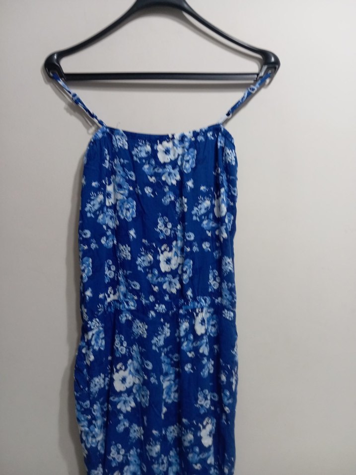 Mavi Çiçek Desenli Düğmeli Kadın Tulum - Görsel 2