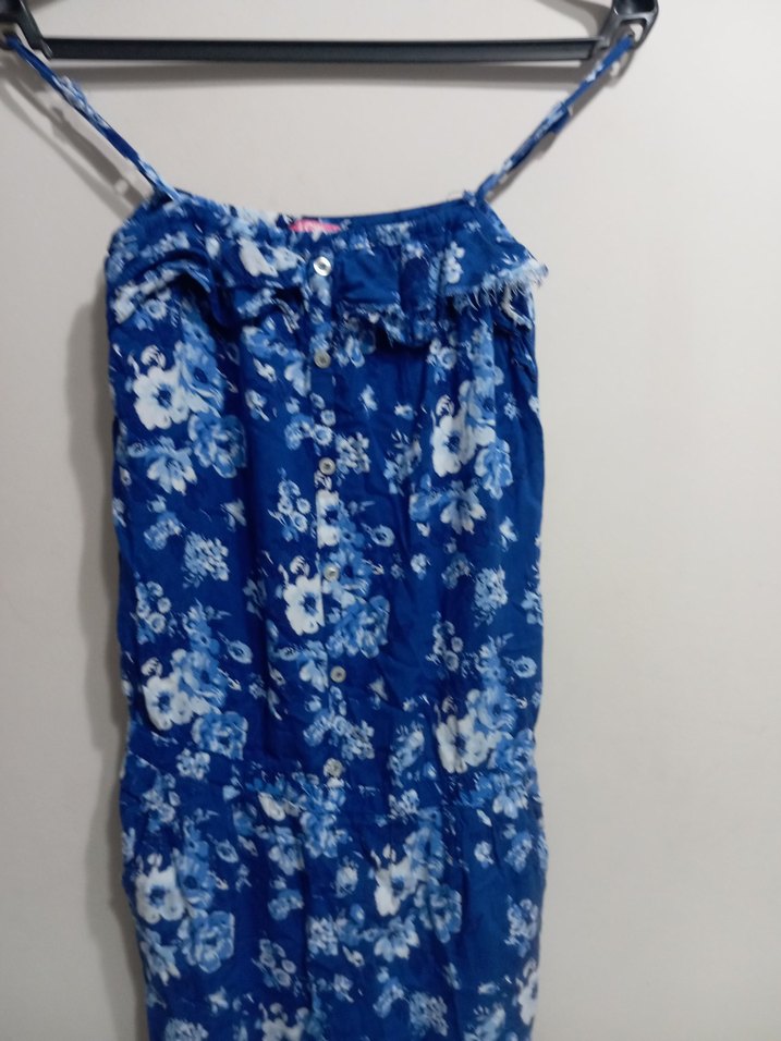 Mavi Çiçek Desenli Düğmeli Kadın Tulum - Görsel 3