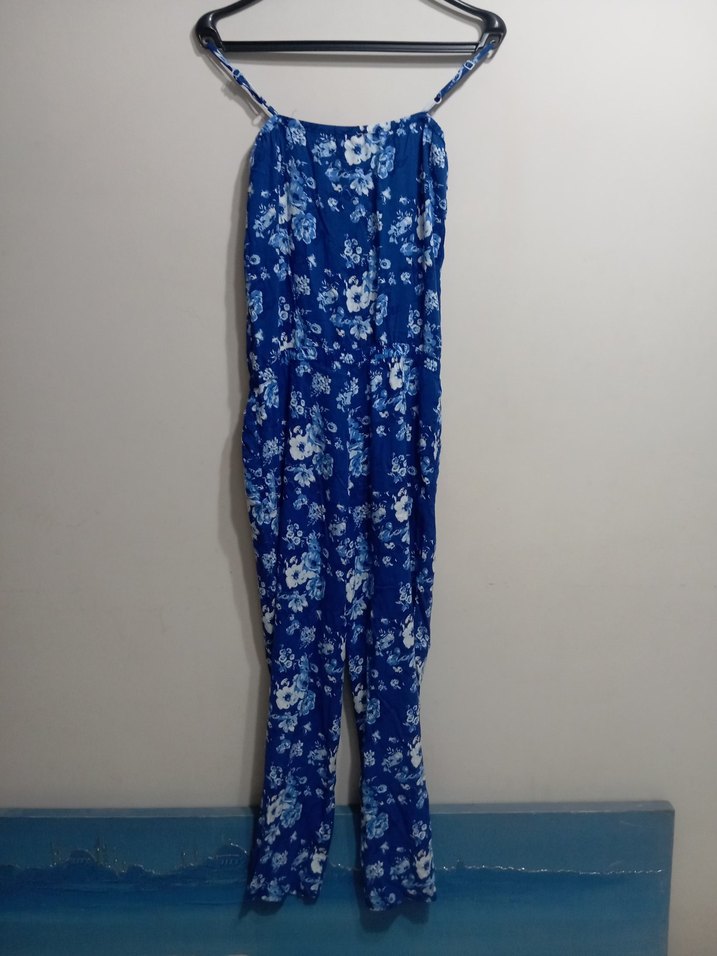 Mavi Çiçek Desenli Düğmeli Kadın Tulum - Görsel 5