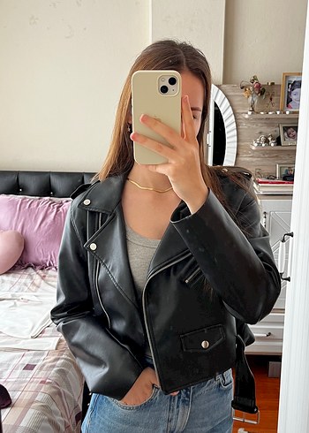 Stradivarius Siyah Deri Biker Ceket, Tokalı, Regular Fit