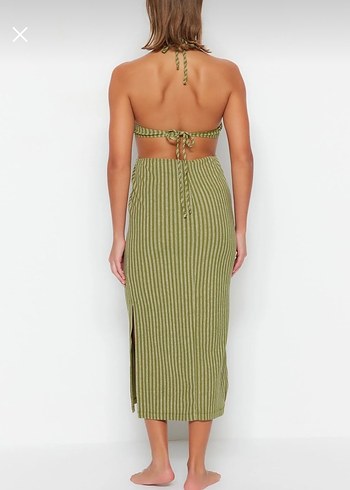 Haki renkli çizgili triko elbise - Görsel 3
