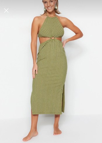 Haki renkli çizgili triko elbise - Görsel 2