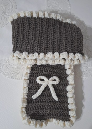 Gri Fırfırlı Örgü Kadın Eldiven ve Atkı - Görsel 4