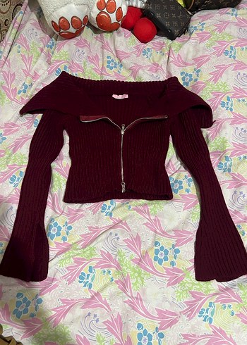 Bordo Straplez Triko Kız Kazak