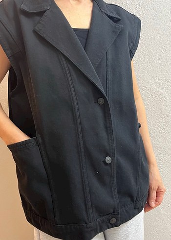 Siyah Düğmeli Kolsuz Denim Yelek - Görsel 2