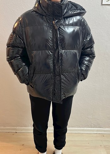 Siyah Deri Şişme Kadın Mont - Görsel 2