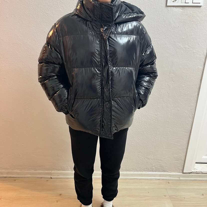 Siyah Deri Şişme Kadın Mont - Görsel 2