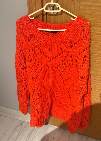 BSL FASHION Canli Turuncu Ajurlu Triko Kazak