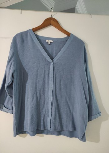 Mavi V Yaka Düğmeli Keten Gömlek - Görsel 5