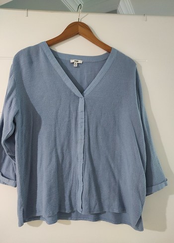 Mavi V Yaka Düğmeli Keten Gömlek - Görsel 6