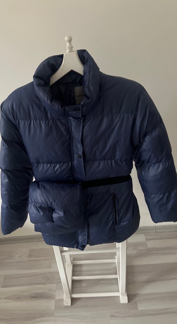 Kemerli Lacivert Kadın Kışlık Mont - Görsel 2