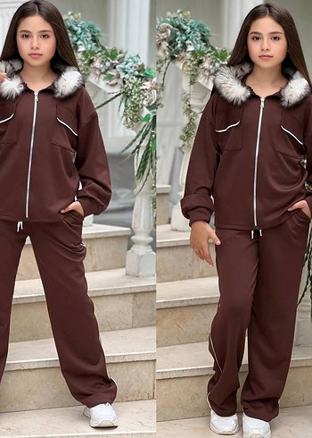 Kızlar için Kahverengi Kürklü Kapüşonlu - Görsel 2