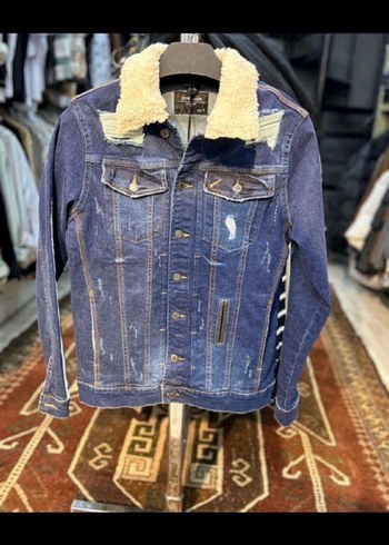 Kürklü Cep Detaylı Lacivert Denim Ceket
