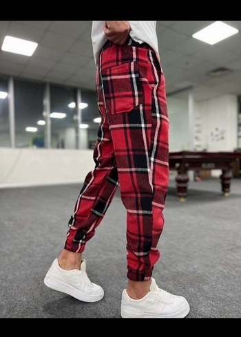 Kemerli Kırmızı Ekose Erkek Jogger Pantolon - Görsel 2