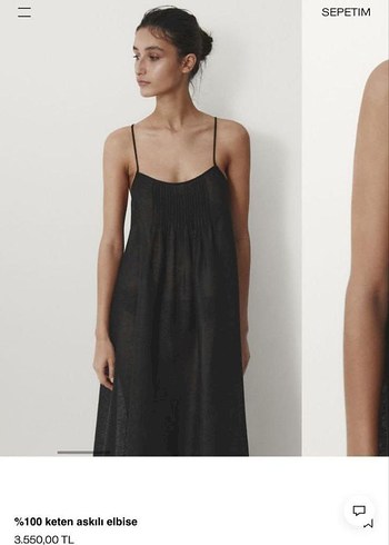 Orjinal Massimo Dutti Keten Siyah Askılı Uzun Elbise