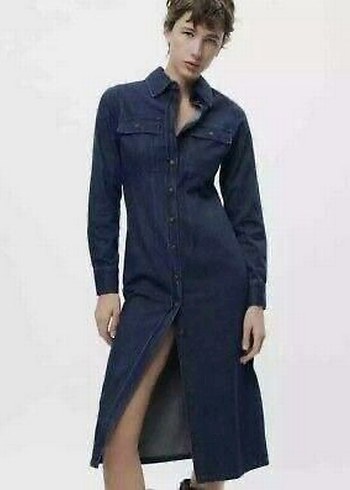 Orjinal Zara marka Lacivert Uzun Denim Elbise