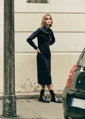 Zara Orjinal Zara marka Lacivert Uzun Denim Elbise