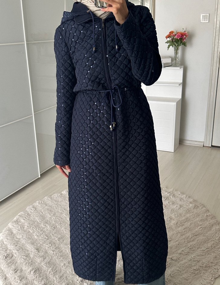 Nakışlı Örgü Kadın Koyu Gri Uzun Kaban - Görsel 3