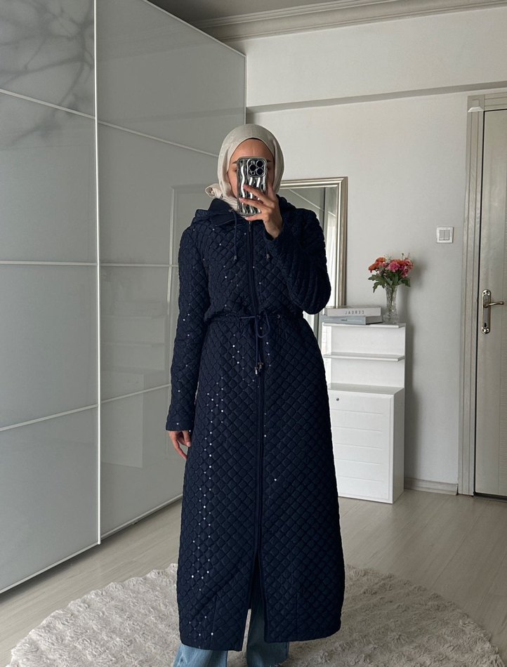 Nakışlı Örgü Kadın Koyu Gri Uzun Kaban - Görsel 2