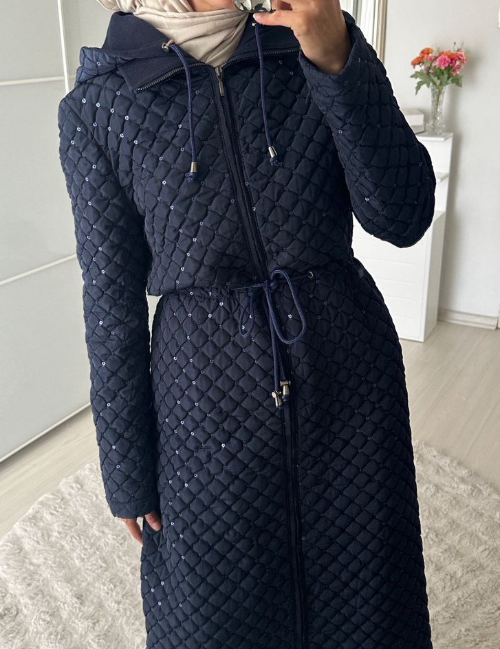 Nakışlı Örgü Kadın Koyu Gri Uzun Kaban - Görsel 4