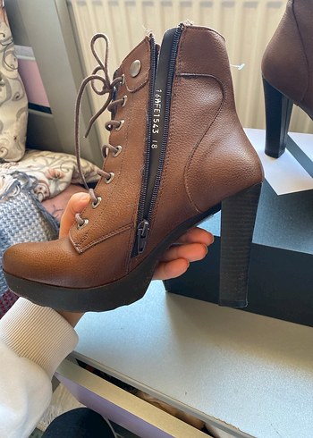 Kahverengi Deri Platform Topuklu Kadın Bot - Görsel 2