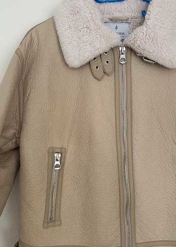 Bej Süet Kürklü biker ceket mont - Görsel 6