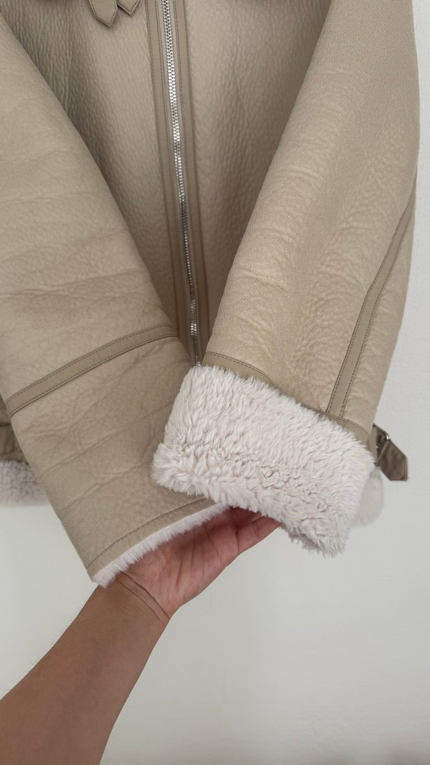 Bej Süet Kürklü biker ceket mont - Görsel 5