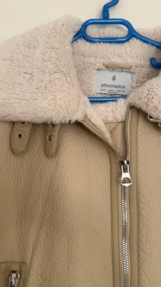 Bej Süet Kürklü biker ceket mont - Görsel 4