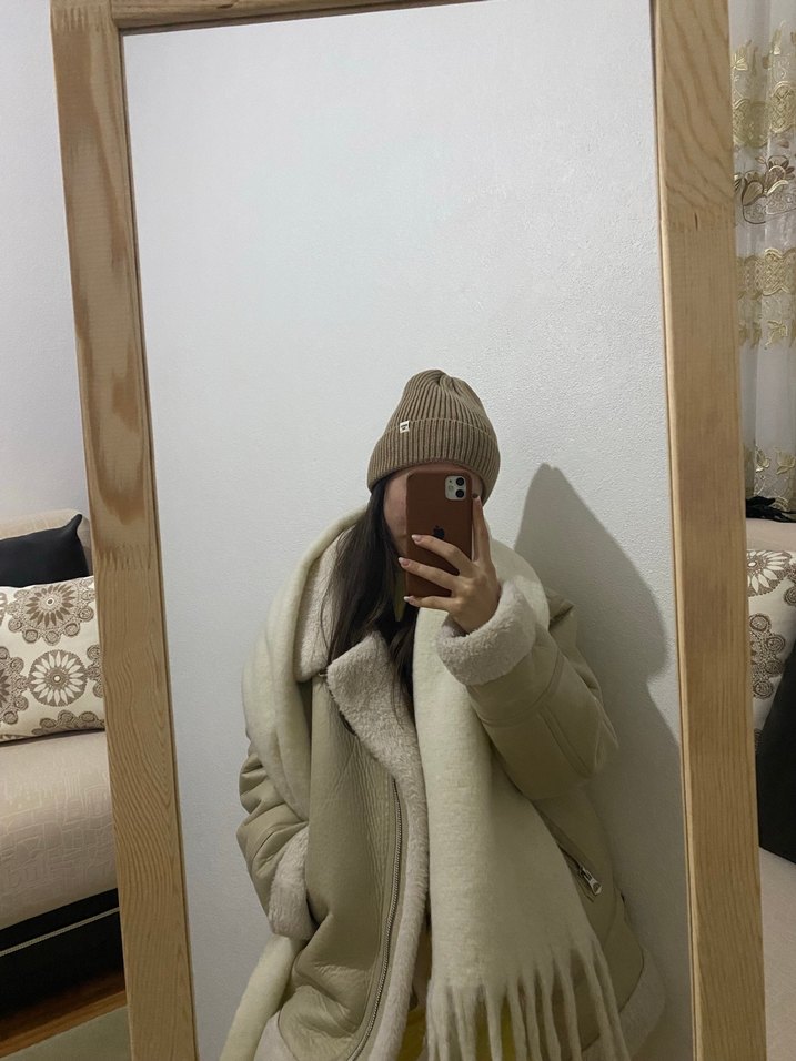 Bej Süet Kürklü biker ceket mont - Görsel 3