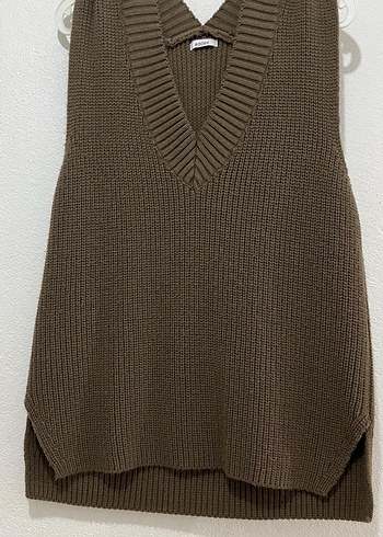 V Yaka Kahverengi Örgü Kadın Süveter - Görsel 2