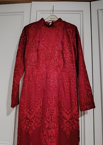 Bordo Uzun Kollu Nakışlı Dantel Kadın balık abiye - Görsel 5