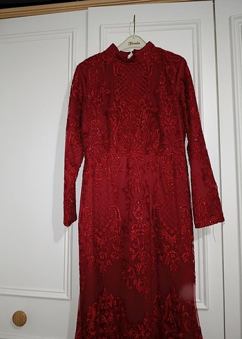 Bordo Uzun Kollu Nakışlı Dantel Kadın balık abiye - Görsel 4