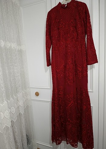 Bordo Uzun Kollu Nakışlı Dantel Kadın balık abiye - Görsel 2