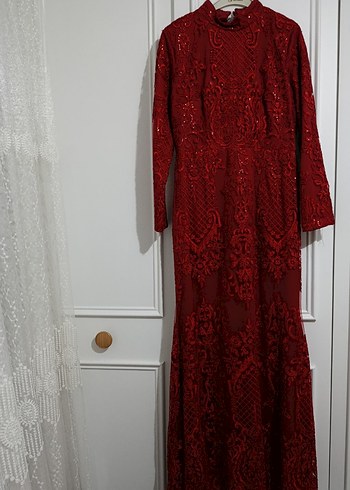 Bordo Uzun Kollu Nakışlı Dantel Kadın balık abiye - Görsel 6