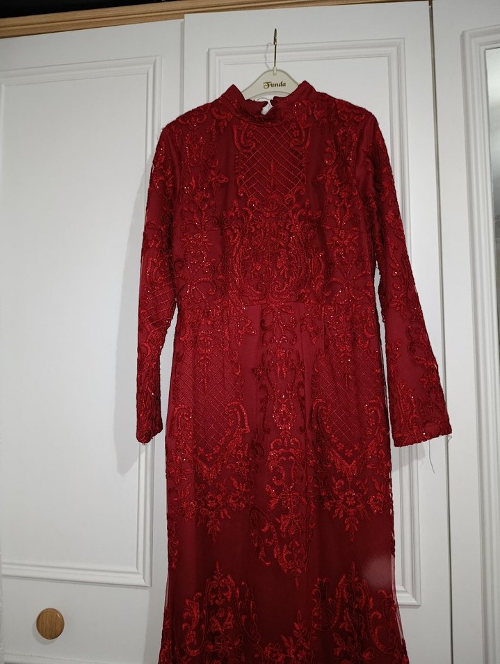 Bordo Uzun Kollu Nakışlı Dantel Kadın balık abiye - Görsel 4