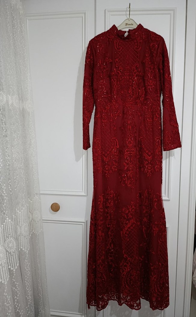 Bordo Uzun Kollu Nakışlı Dantel Kadın balık abiye - Görsel 3