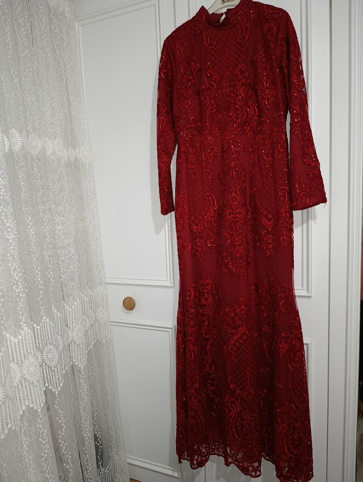 Bordo Uzun Kollu Nakışlı Dantel Kadın balık abiye - Görsel 2