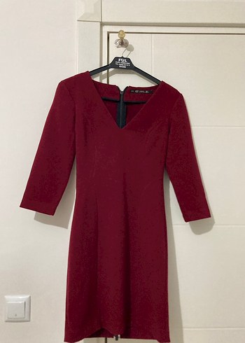 Bordo V Yakalı Midi Kadın Elbise