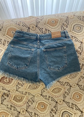 Mavi Bohem Tarzı Bağcıklı Koyu Mavi Mini Kot Şort
